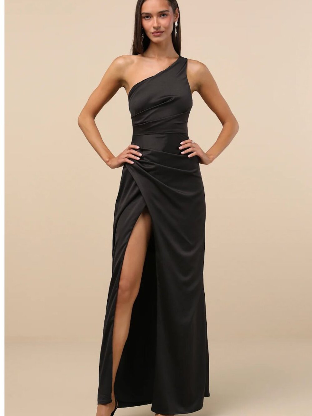 Lulus Dreaming of Elegance Black Satin One-Shoulder Maxi Dress Size Small